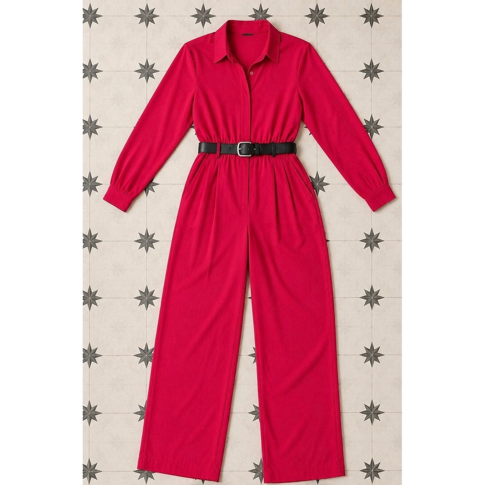 Fashion Jumpsuit Long Sleeve Button Front Wide Leg Magenta Pink Size L